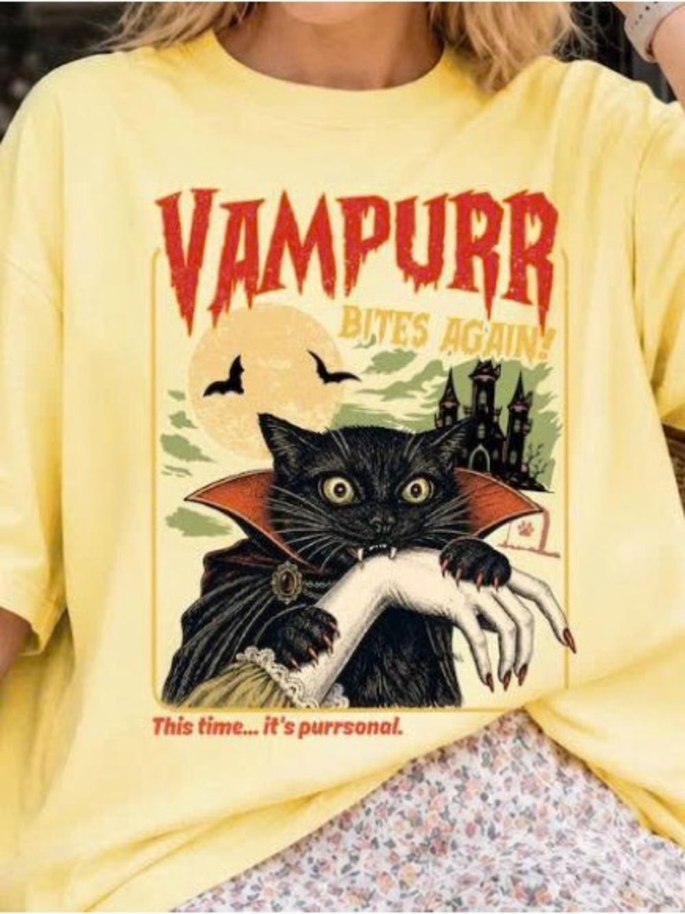 Vampurr Bites Again! Yellow Cat Graphic Tee